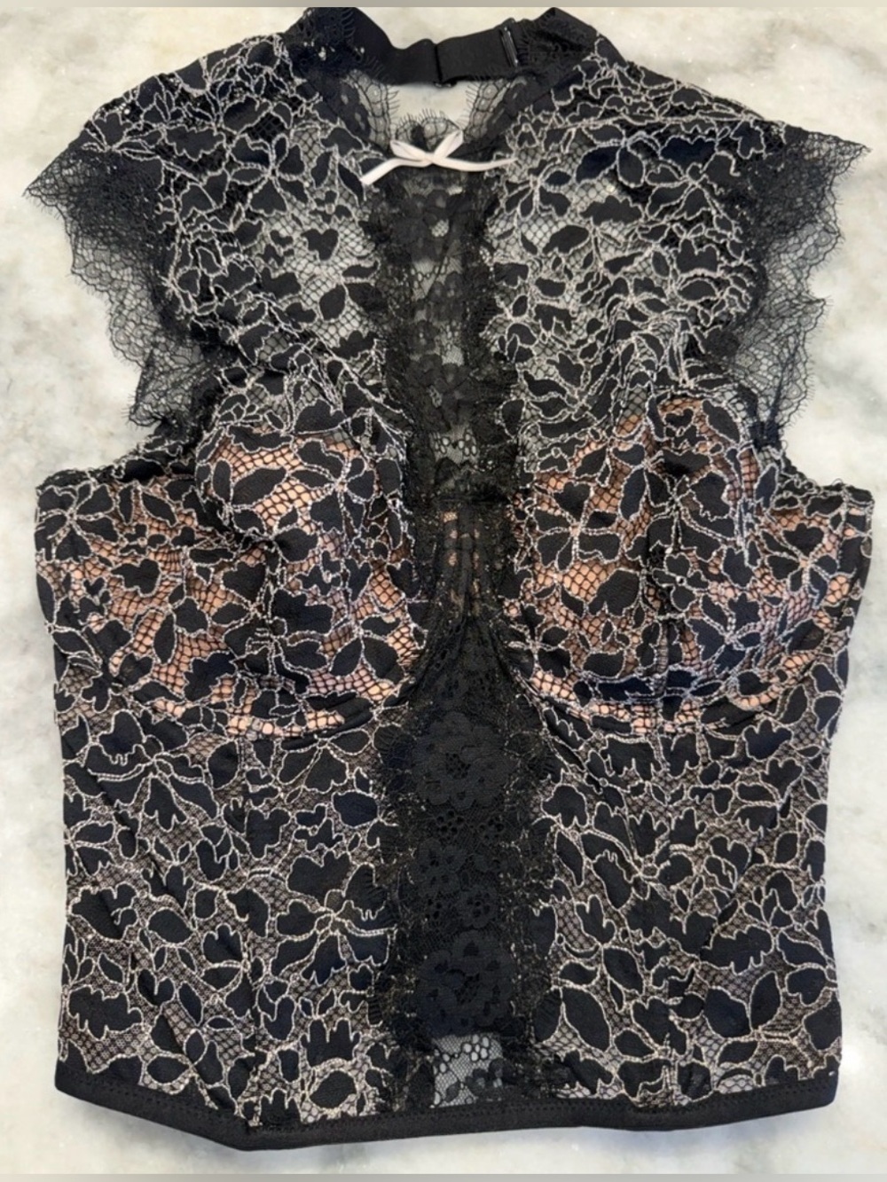 Victoria’s Secret Lace Corset Bustier Top 36D Black Sheer High Neck Sexy